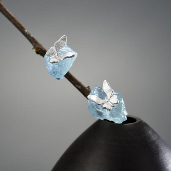 White Gold Aquamarine Blue Stone Raw Crystal Butterfly Mini Earrings for her - Picture 5 of 6